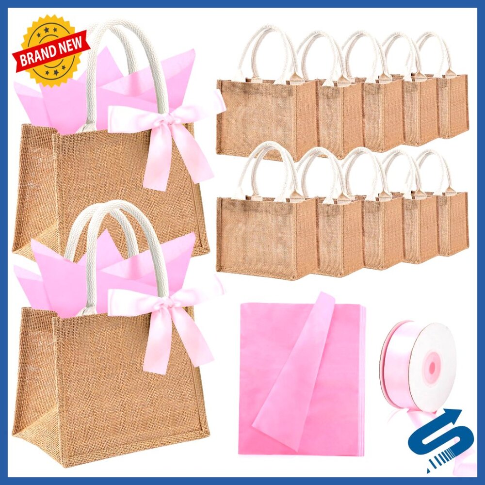 Reusable Jute Tote Bags Bulk Set with Tissue Paper Ribbons Party Decor